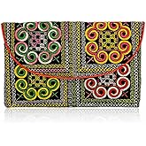 Sabai Jai Embroidered Magnet Snap Clutch Envelope Wallet for Women - Cute Colorful Ethnic Boho Accessory Organizer Money Holder Bag (Bold Spirals)