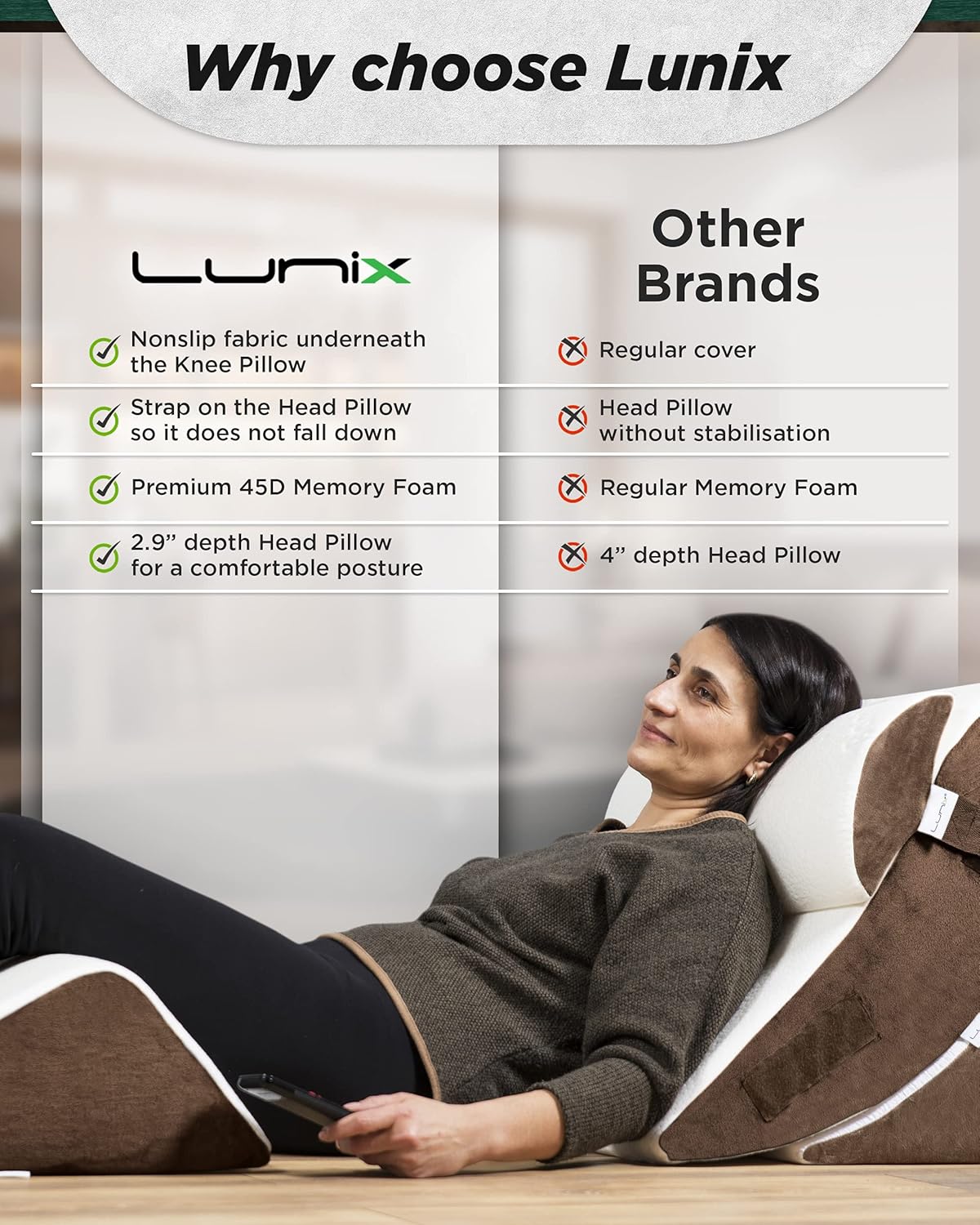 Lunix LX5 4pcs Orthopedic Bed Wedge Pillow Set, Post Surgery Memory Foam for Back, Neck and Leg Pain Relief. Sitting Pillow, Comfortable and Adjustable Pillows Acid Reflux and GERD for Sleeping Brown: Kitchen & Dining