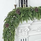 Realistic Christmas Garland for Mantle 6FT Real Touch Thick/Lush Artificial Cedar Garlands with Pine Cones/White Berries Decorations Indoor Christmas Garland for Stairs Railing Outdoor Holiday Decor
