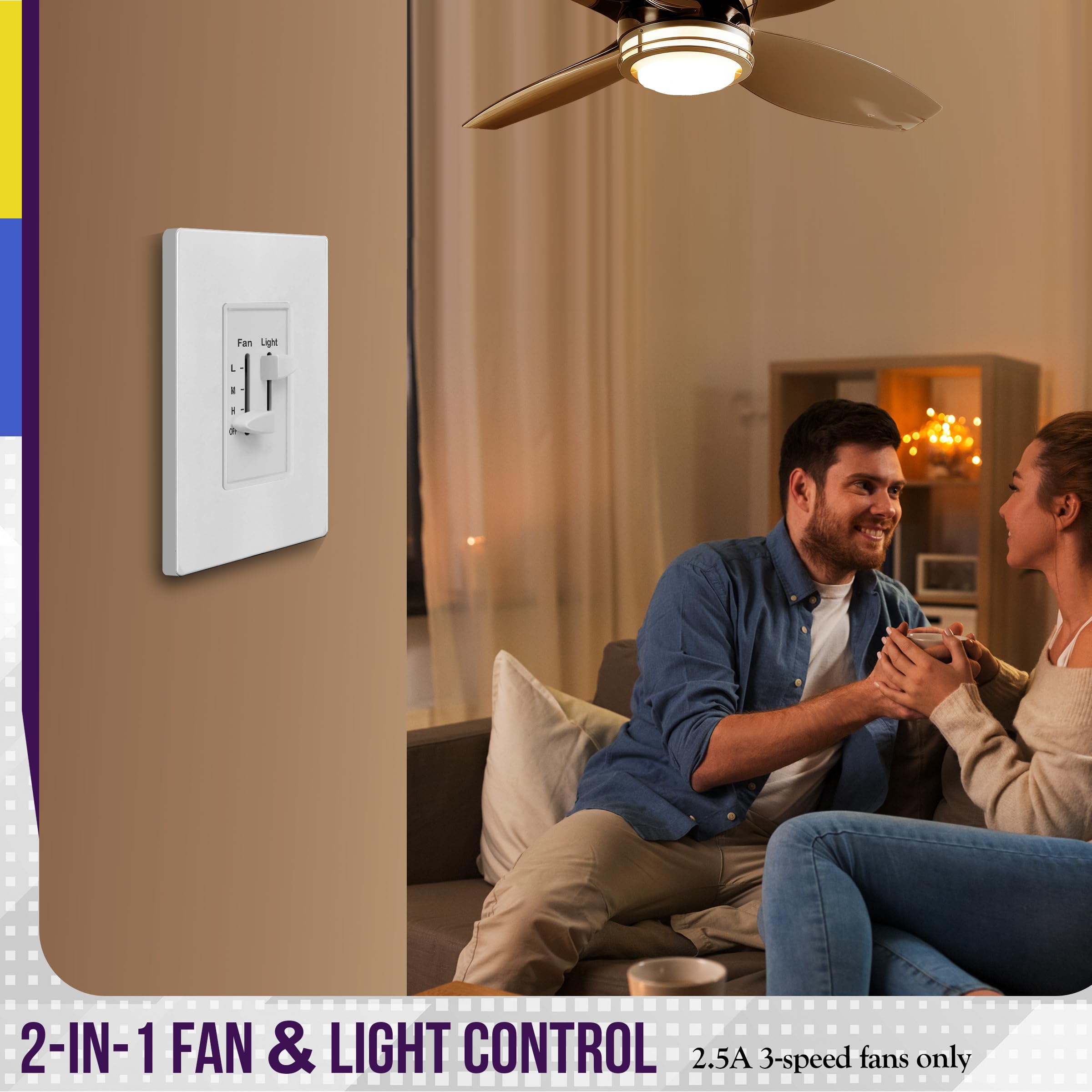 ENERLITES 3 Speed Ceiling Fan Control and LED Dimmer Light Switch, 2.5A Single Pole Light Fan Switch, 300W Incandescent Load, No Neutral Wire Required, 17001-F3-W, White
