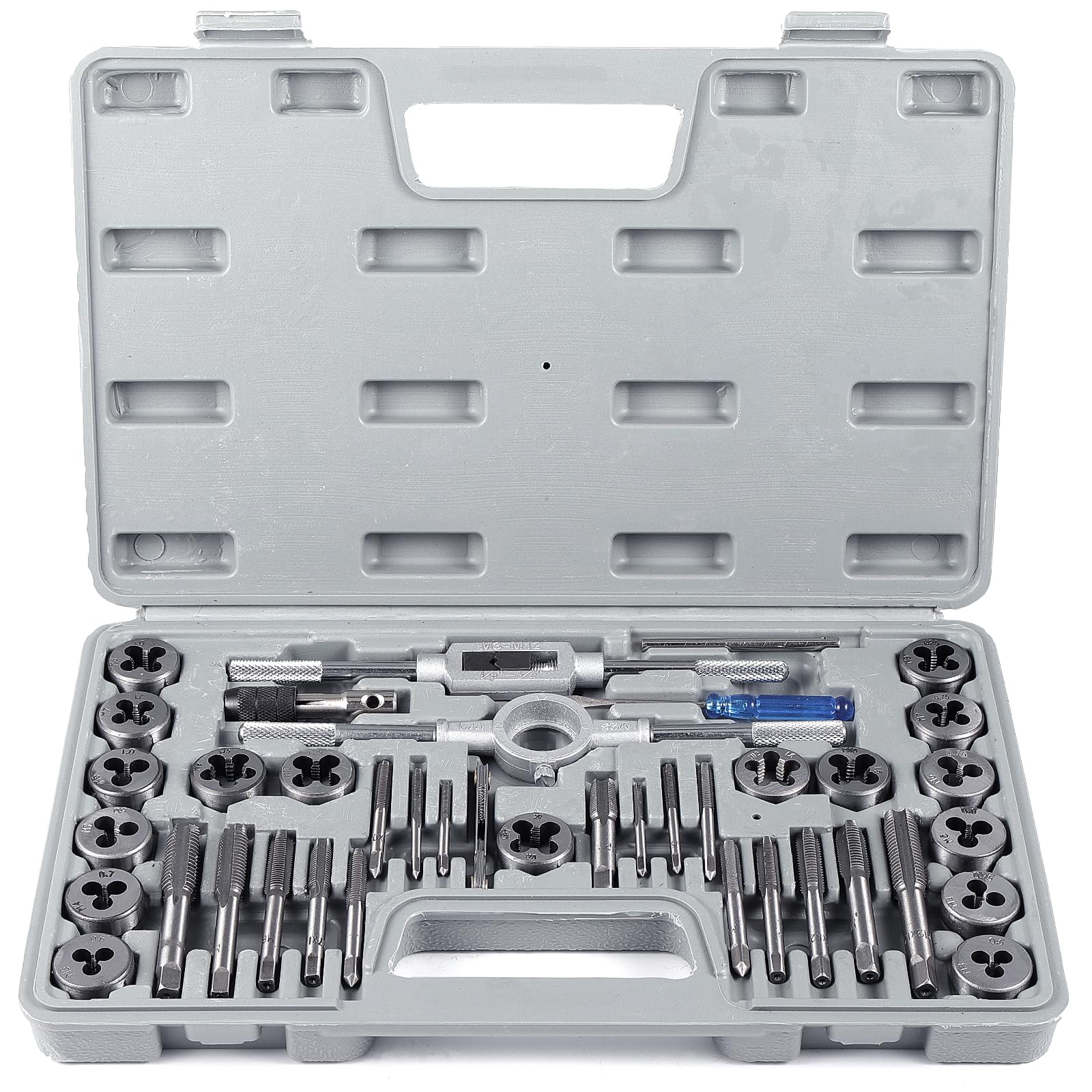 Faankiton Tap and Die Set, M3-M12 Tungsten Alloy Steel Metric Tap and Die Kit, Taper Drill Threading Kit with Tap Wrench, Metric & SAE Die and Tap Set for Internal and External Thread (40PCS Grey)