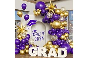 Graduation Balloon Arch Kit, 130 Pieces Purple Gold Balloon Arch Garland Kit Includes Purple and Gold Confetti Balloons for G