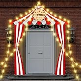 Preboun 7 Pcs Circus Tent Decorations Carnival Party Decorations with String Light Carnival Red and White Striped Banner for Circus Theme Party