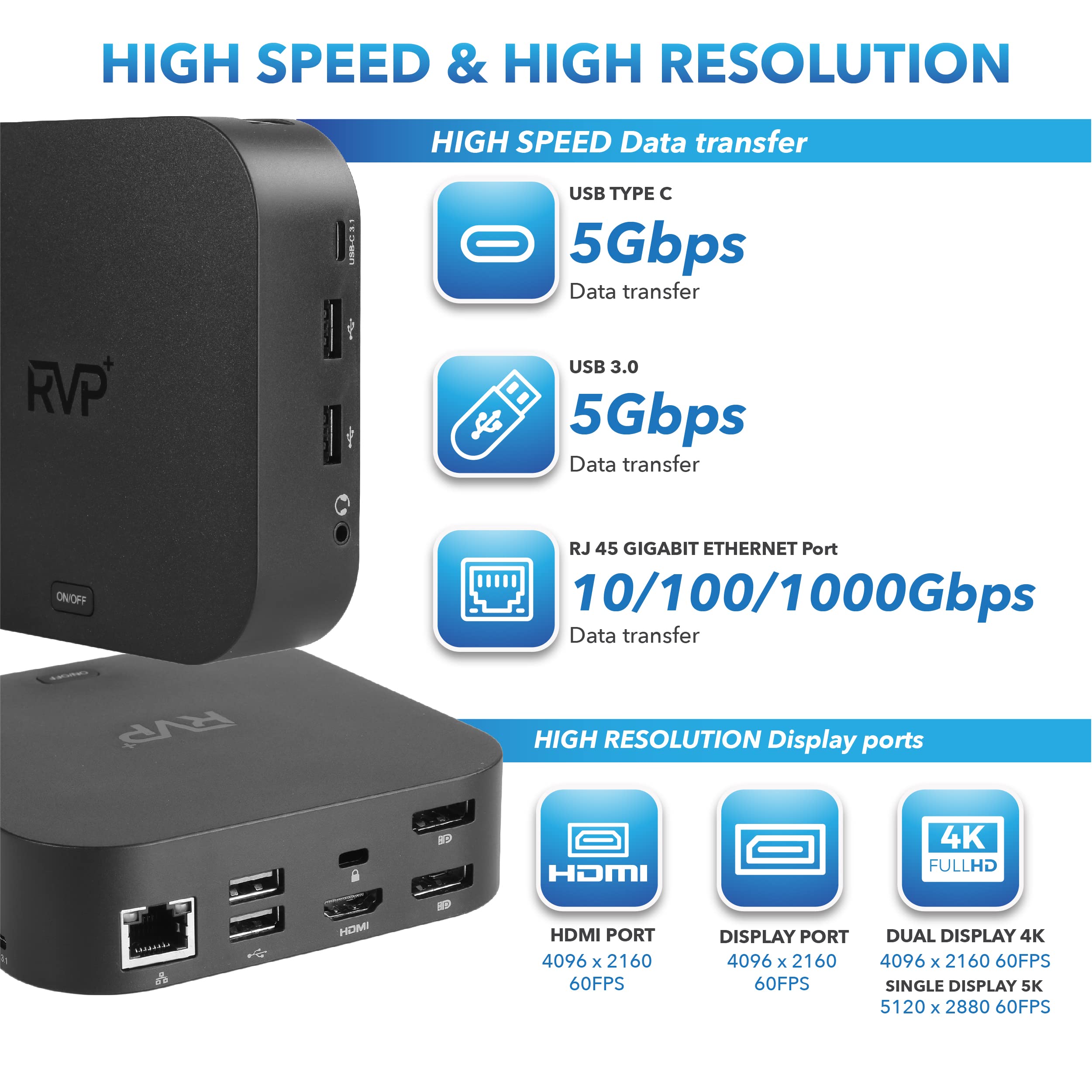 RVP+ USB C Docking Station 3 Monitors, 13-in-1, Triple Display-4K HDMI & DisplayPort Dual Monitors, 5Gbps USB-C/A Data Transfer, 100W Laptop-Charging, Gigabit Ethernet, Audio (RVP-082321)