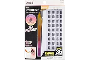 KISS imPRESS Falsies Press On Self Adhesive Eyelashes, 12mm-14mm Natural Volume Press On Lashes, Black, No Glue Needed, Invisible Band, 20 Lash Clusters & Non-Stick Applicator - Natural