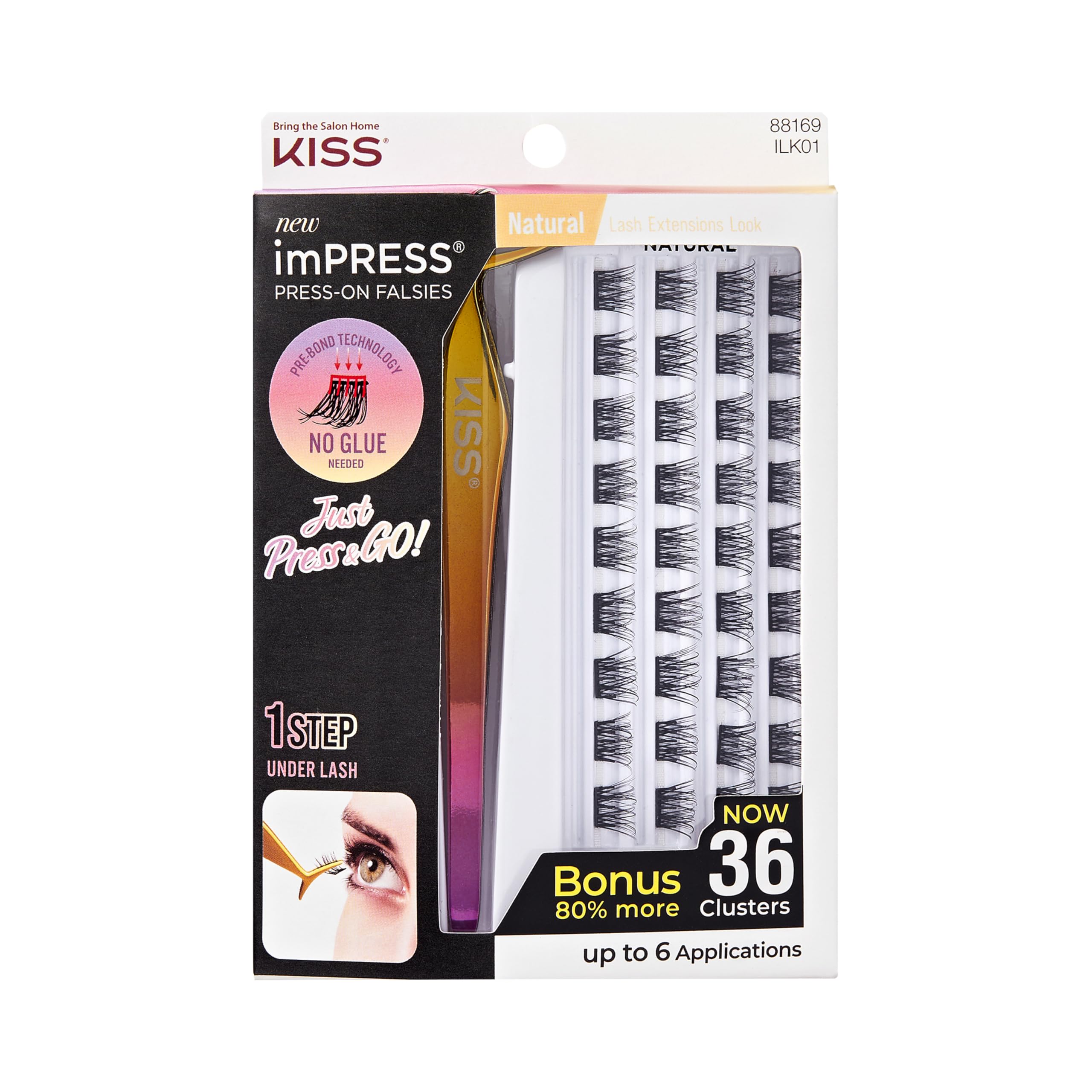 Photo 1 of KISS imPRESS Falsies Press On Self Adhesive Eyelashes, 12mm-14mm Natural Volume Press On Lashes, Black, No Glue Needed, Invisible Band, 20 Lash Clusters & Non-Stick Applicator - Natural