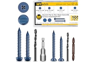 Mywish 105Pcs Concrete Screws Assortment Kit, Flat Pillips & Hex Head Masonry Block Brick Cement Screws with Drill Bit, Concrete Screws Set for Concrete Masonry Stucco Brick