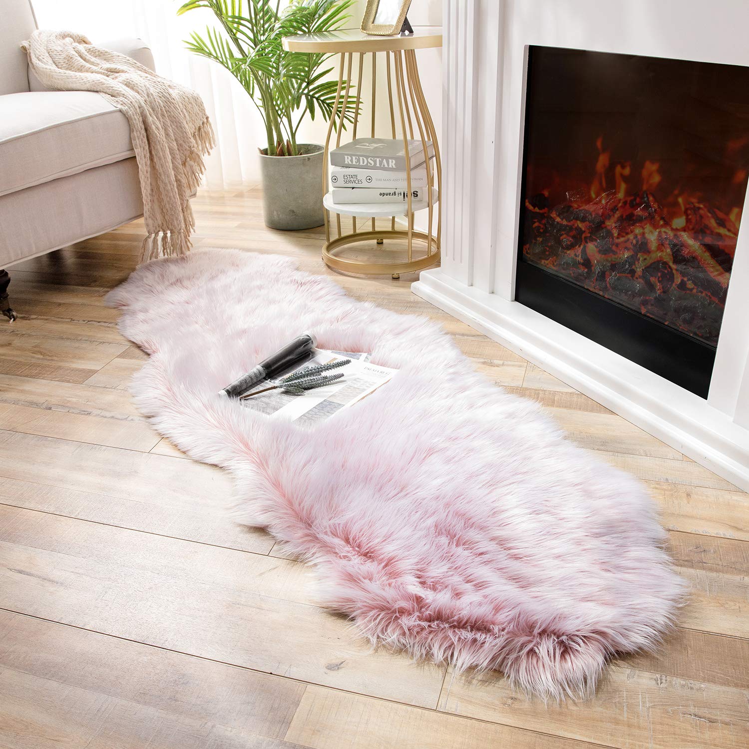 Ashler HOME DECO Soft Faux Sheepskin Fur Chair Couch Cover Area Rug Bedroom Floor Sofa Living Room Light Pink 2 x 6 Feet
