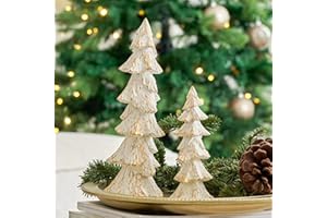 DN DECONATION Vintage Christmas Tree Figurines White with Gold, 9.64" Tabletop Xmas Tree Ornaments Christmas Centerpieces for Mantle Desk Decor, Decorative Trees Set of 2 for Modern Farmhouse Indoor Decor