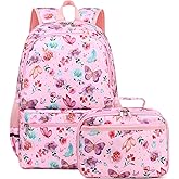DSIUE Kids Backpack for Girls Elementary BookBags Teens Middle School Backpack with Lunch Box Butterfly Pink
