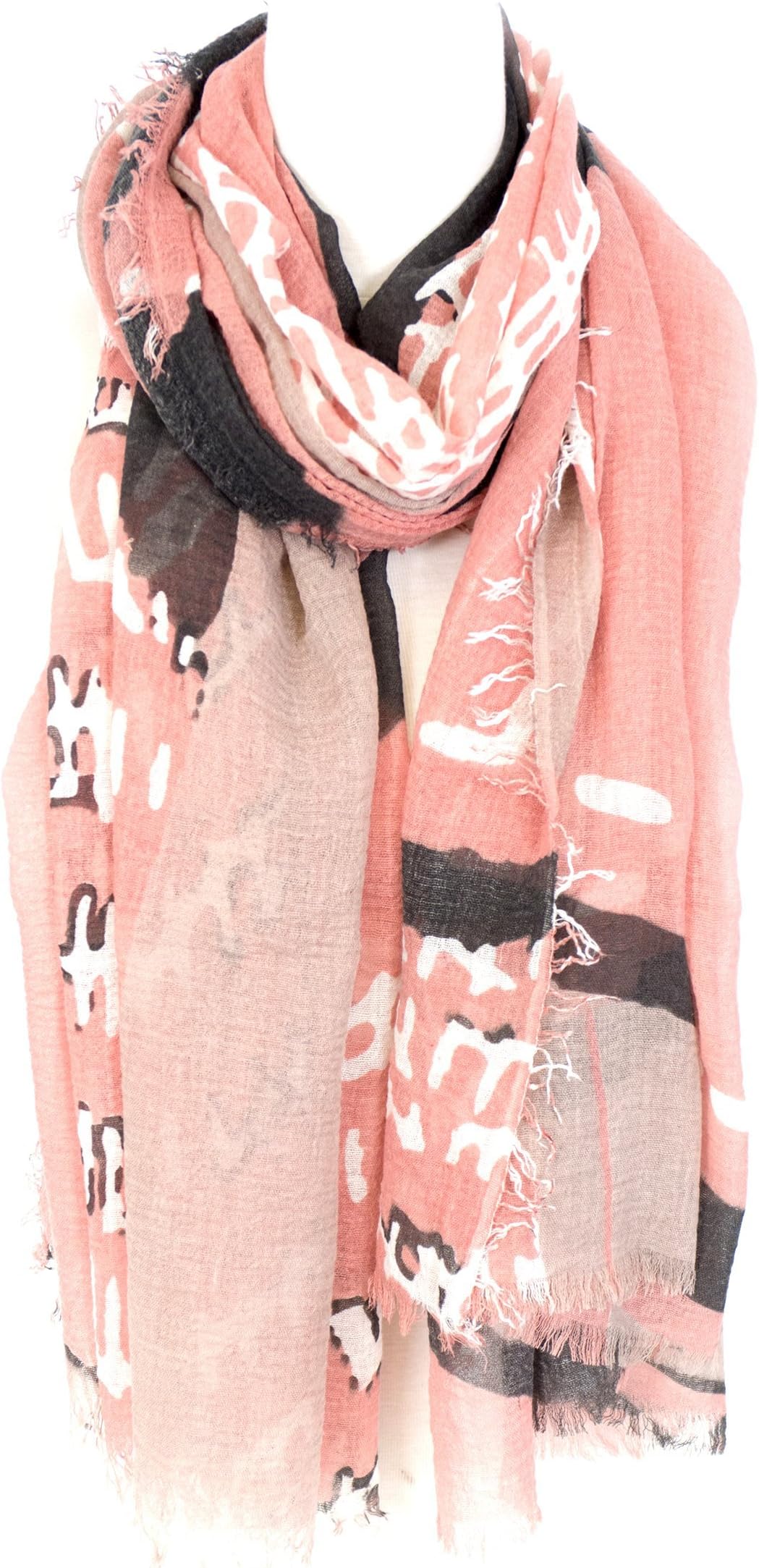 Soft Scarf with fringed edge all around, with abstract pattern design, Viscose scarf, fashion scarf, multi color, beach scarf (Peach)