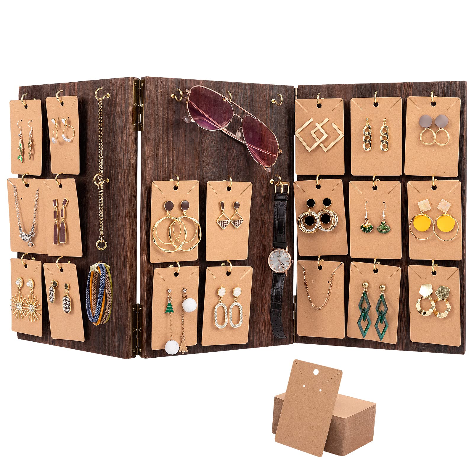 Aulock Wooden Jewelry Display Stand - 3-Sided Panel Earring & Ring Display with 27 Hooks & 100 Earring Cards for Store Showcase and Home (Brown)