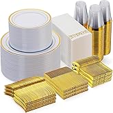 Goodluck 700 Piece Gold Dinnerware Set for 100 Guests, Disposable for Party, Include: 100 Gold Rim Dinner Plates, 100 Dessert Plates, 100 Paper Napkins, 100 Cups, 100 Plastic Silverware Set