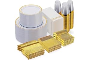 Goodluck 700 Piece Gold Dinnerware Set for 100 Guests, Disposable for Party, Include: 100 Gold Rim Dinner Plates, 100 Dessert