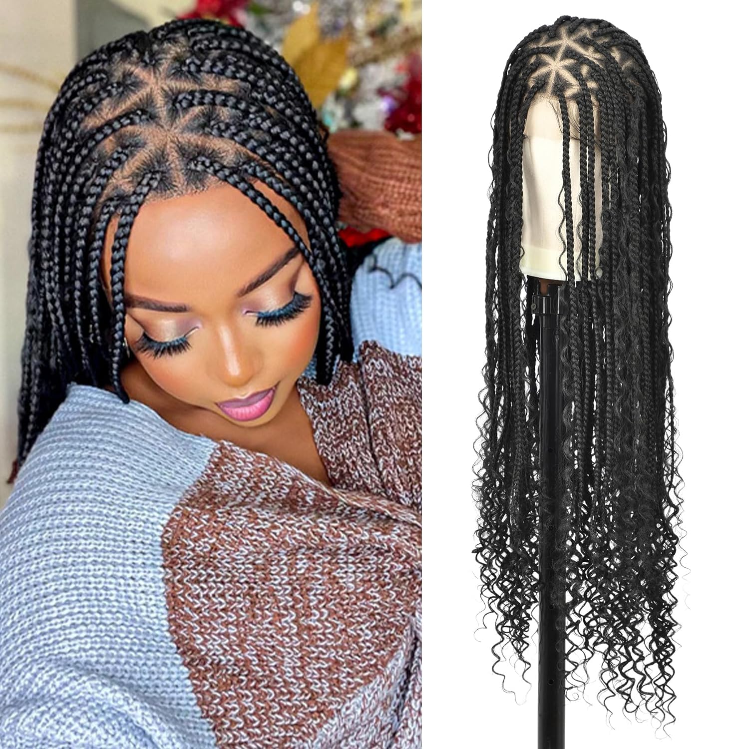 Photo 1 of Olymei Boho Braided Wigs Knotless Braided Wigs for Women Full Double Lace Box Braid Wig with Baby Hair Synthetic Lace Front Braided Wig 36" Black