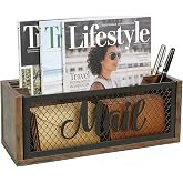 Mail Organizer Countertop, Rustic Farmhouse 2-Slot Wood &amp; Iron Mail Holder, Retro Wall Mounted or Desk Entryway Letter Bill Envelope Sorter, No Assembly