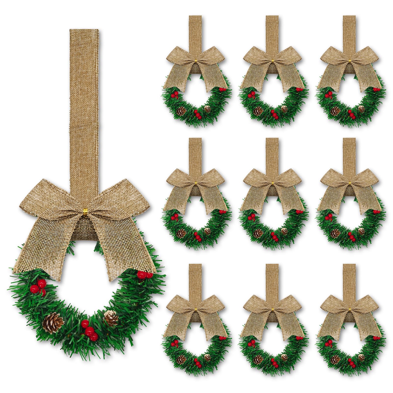 Photo 1 of 10 Pcs 6" Small Christmas Kitchen Cabinet Wreaths with Ribbon Mini Kitchen Cabinet Christmas Decor for Window Door (Linen Color)