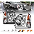 AmeriLite for 2007-2014 GMC Yukon/Yukon XL Denali/Yukon Hybrid Chrome LED Tube Square Projector Headlights Set - Passenger and Driver Side
