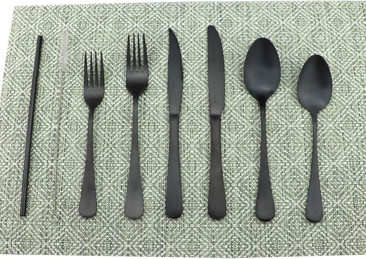 Uniturcky Durable Silverware Flatware Cutlery Set, Food Safe Grade Stainless Steel Utensils 24-Piece Service for 4,Include Knife/Fork/Spoon/Metal Straws/Cleaning Brus, Dishwasher Safe (Matte Black)