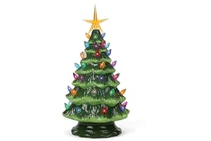 MILLTOWN MERCHANTS Ceramic Christmas Tree - Tabletop Christmas Tree with Lights - (11.5" Medium Green Christmas Tree/Multicolored Lights) - Lighted Vintage Ceramic Tree