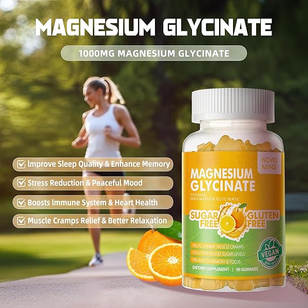 NOVOMINS 180 CT MAGNESIUM GLYCINATE GUMMIES 1000MG – SUGAR FREE MAGNESIUM POTASSIUM SUPPLEMENT WITH VITAMIN D, B6, COQ10 FOR CALM MOOD & SLEEP SUPPORT – 180 ORANGE GUMMIES