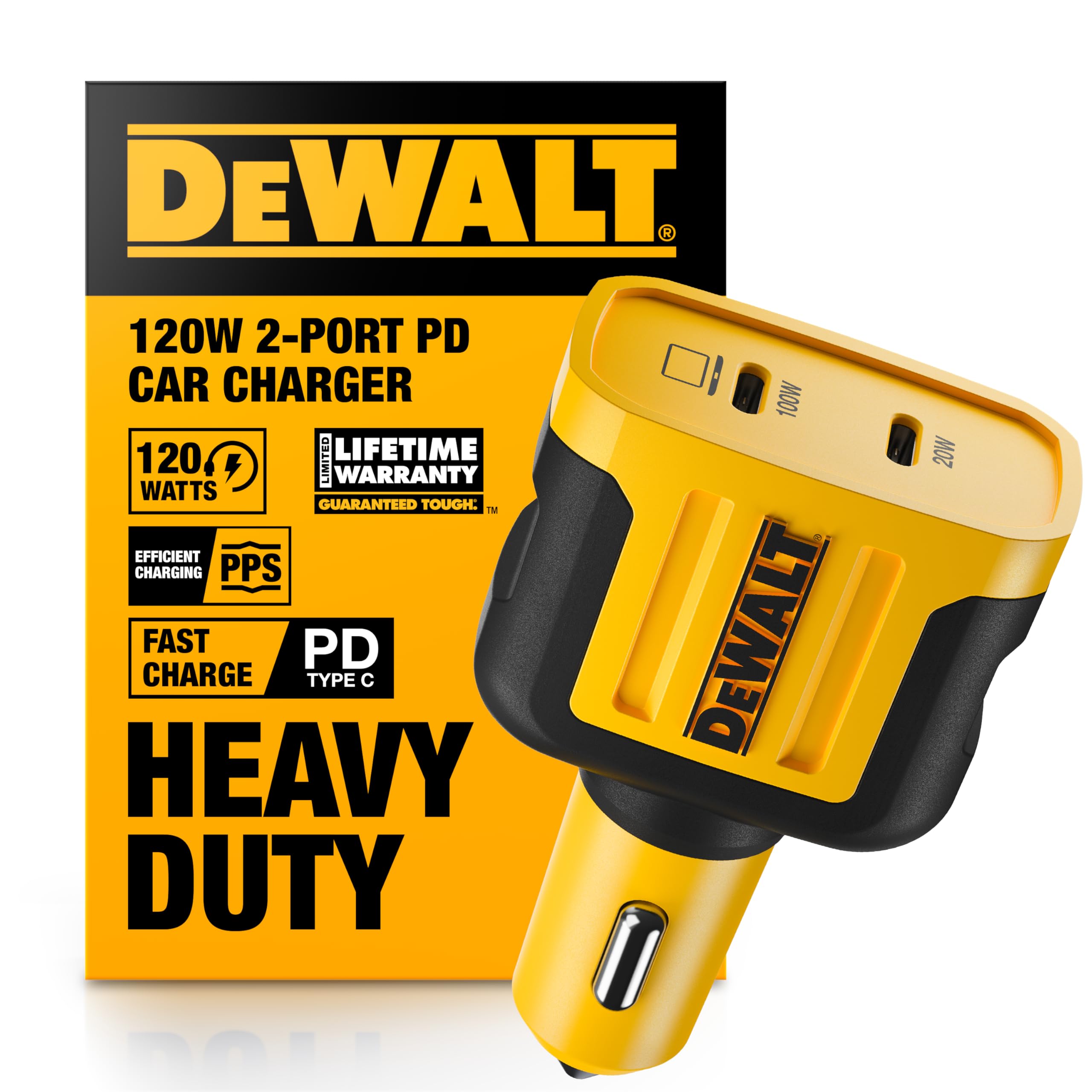 DEWALT Heavy Duty USB C Car Charger, 120W 2-Port PD 3.0 Type C Adapter, PPS Fast Charging w/Power Delivery for iPhone 17 16 15 14 13 Pro Max Mini Galaxy S22/S20/S10 Pixel iPad/iPad mini Image