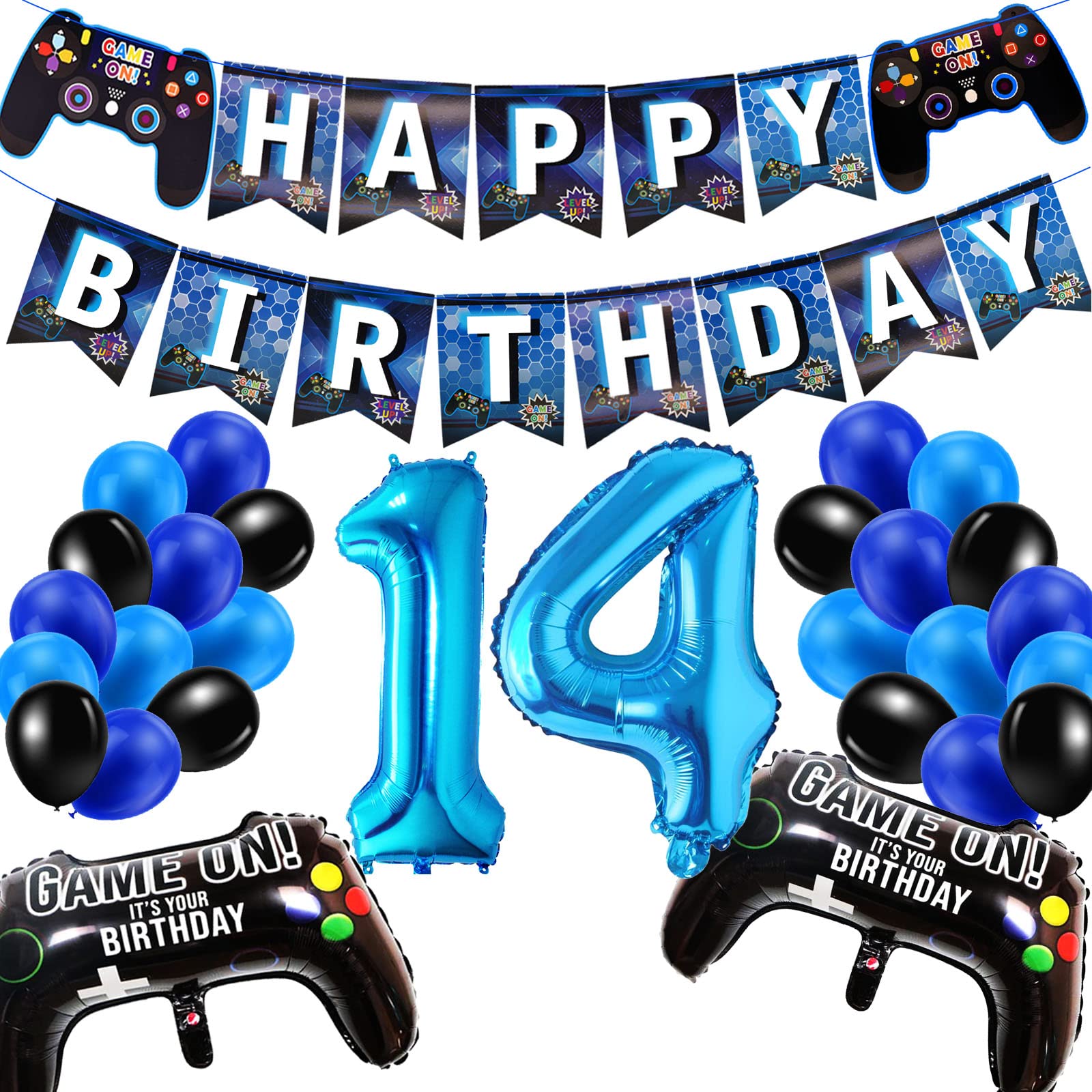 14th Birthday Decorations for Boys, Gaming Party Decorations Set for Gamers, Happy Birthday Banner Game Controller Balloons Black Blue Balloons for Kids Party Supplies