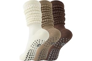 Yawlsow 3 Pairs Slouchy Pilates Socks with Grips for Women Scrunch Yoga Grippy Non Slip Long Socks for Barre Workout