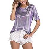 MISS MOLY Women's Metallic Tops Short Sleeve Crewneck Holographic Shiny Tees Glitter Sparkle Shirt for Party Club Concert