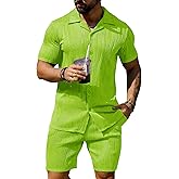 URRU Men's 2 Piece Outfits Short Sleeve Casual Button Down Shirt and Shorts Set