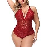 Aranmei Sexy Plus Size Teddy Lingerie,Snap Crotch Lace Bodysuit,Deep V One Piece Lingerie for Women 1X-4X