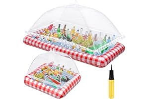 5 Pcs Inflatable Serving Bar Food Umbrella Mesh Cover Set, Include 2 Pcs Red Checkered Salad Buffet Tray, 2 Pcs Food Covers a