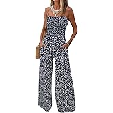AUXDIO Womens Casual Strapless Summer Jumpsuits Loose Off Shoulder Smocked Sleeveless Wide Leg Romper with Pockets