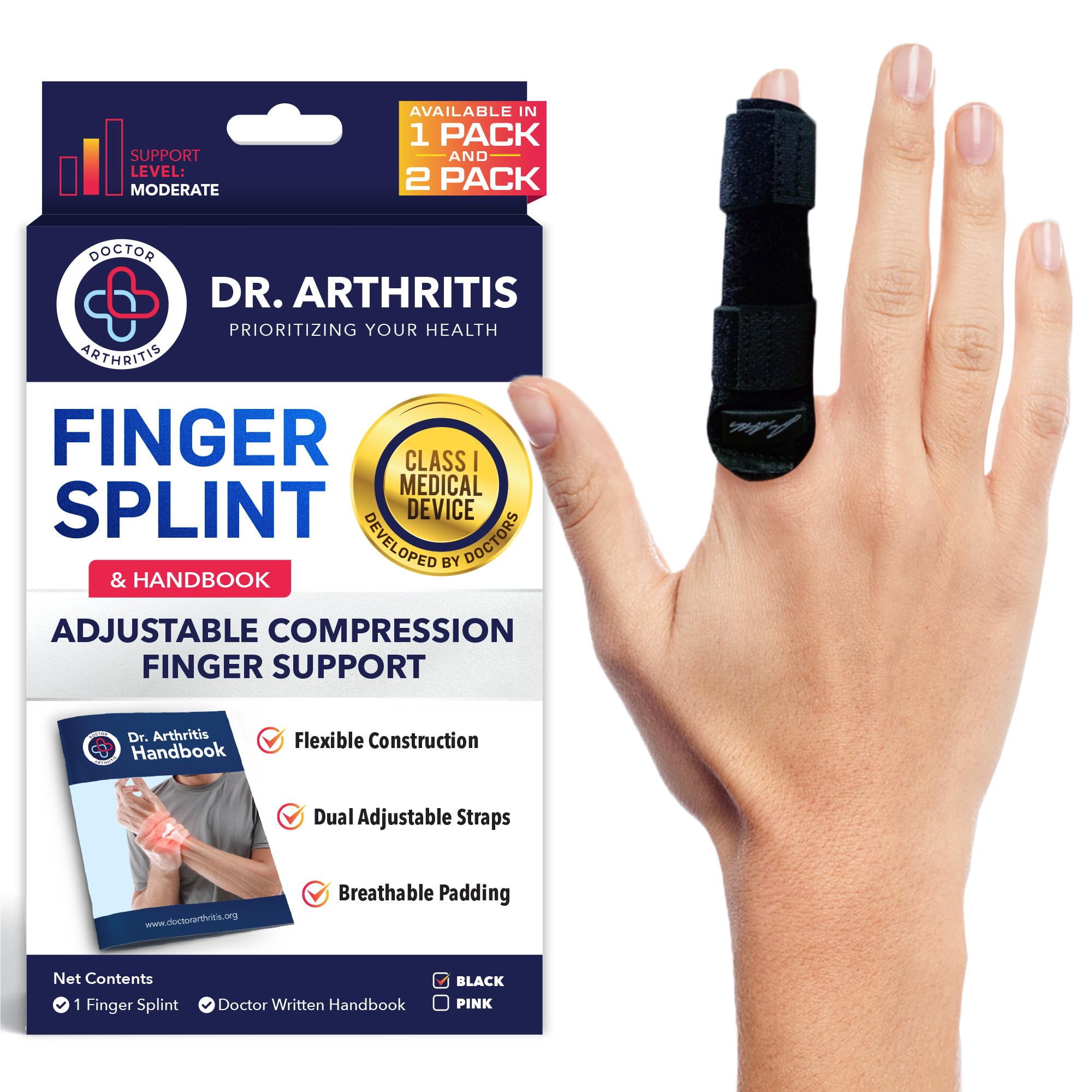 Doctor Developed Finger Splint & Handbook - Trigger Finger, Arthritis, RSI - Fits Ring, Index, Pinky & Middle - 2 sizes (Black, S/M, Single)