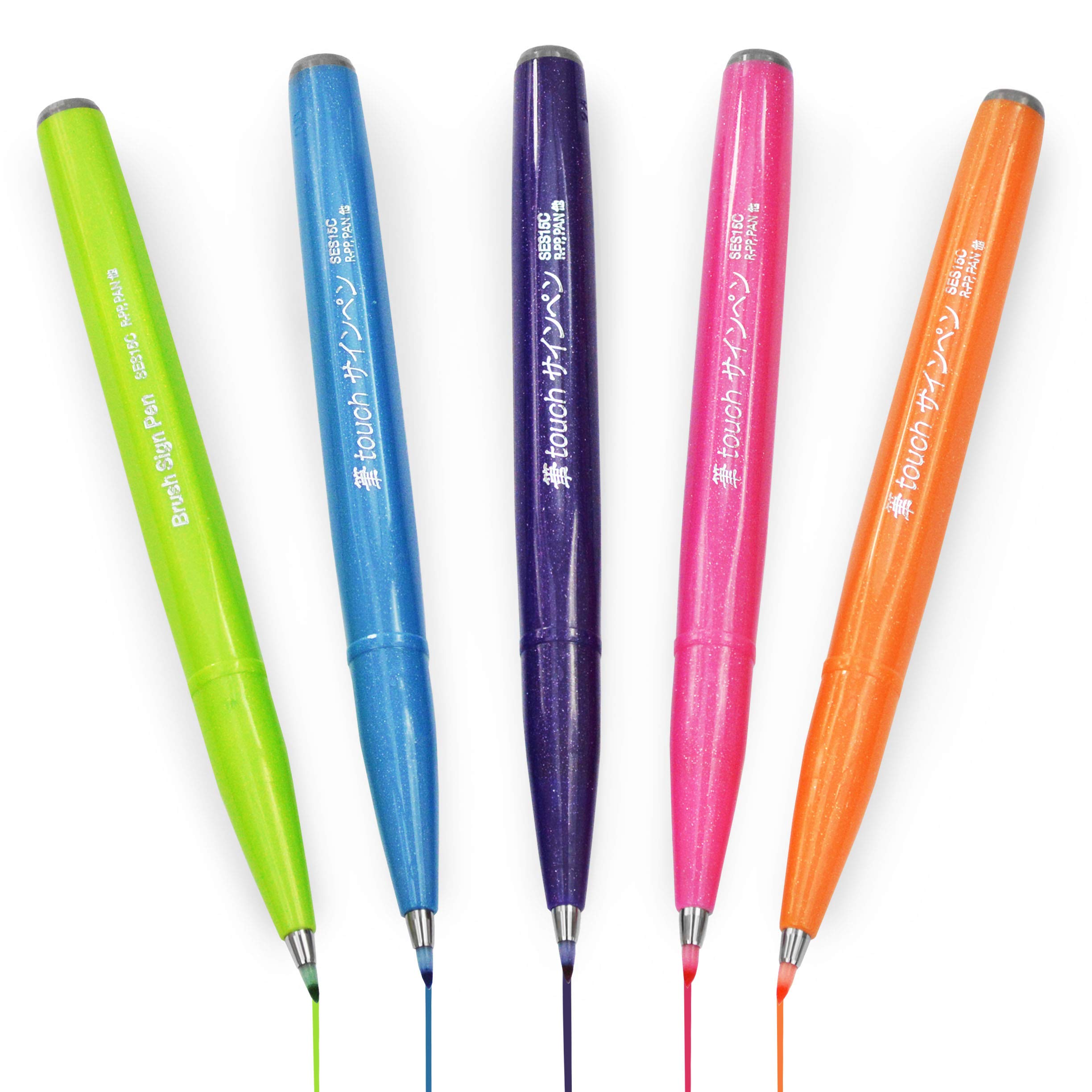 Pentel Brush Sign Pen SES15C - Brush Nib - Fibre Tip - Tropical Set of 5