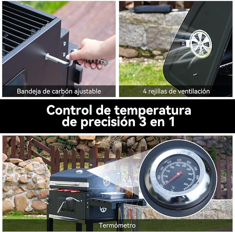 Barbacoa de Carbón, Parrilla con Tapa de Acero de 56×42,5 cm, Bandeja Ajustable en Altura, Mesa Lateral Plegable, Incluye Funda