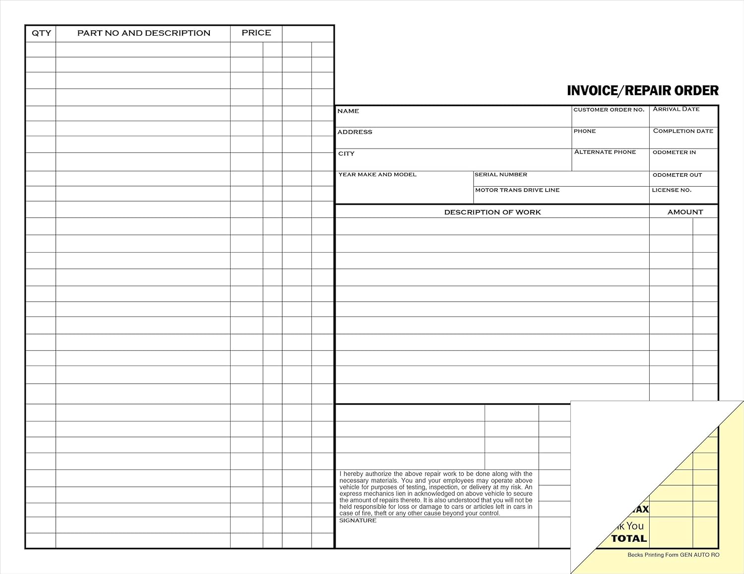 amazoncom automotive repair order and invoice receipt