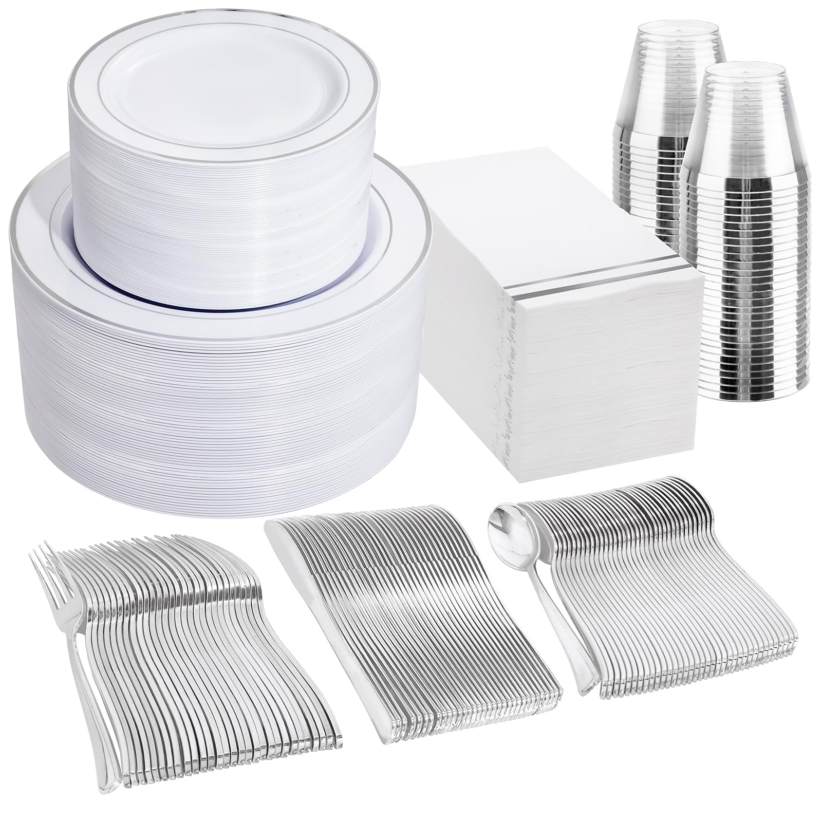 Photo 1 of GATHER 700PCS Silver Plastic Plates - Silver Plate Set 100Guest - Disposable Dinnerware Sets 100Silver Rim Dinner Plates 100Silver Dessert Plate 100Paper Napkins&Cups&silver Plastic Silverware Set