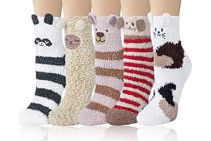 LORITTA 5 Pairs Womens Fuzzy Socks Cozy Soft Fluffy Cute Cat Animal Winter Warm Slipper Socks Christmas Stocking Stuffers