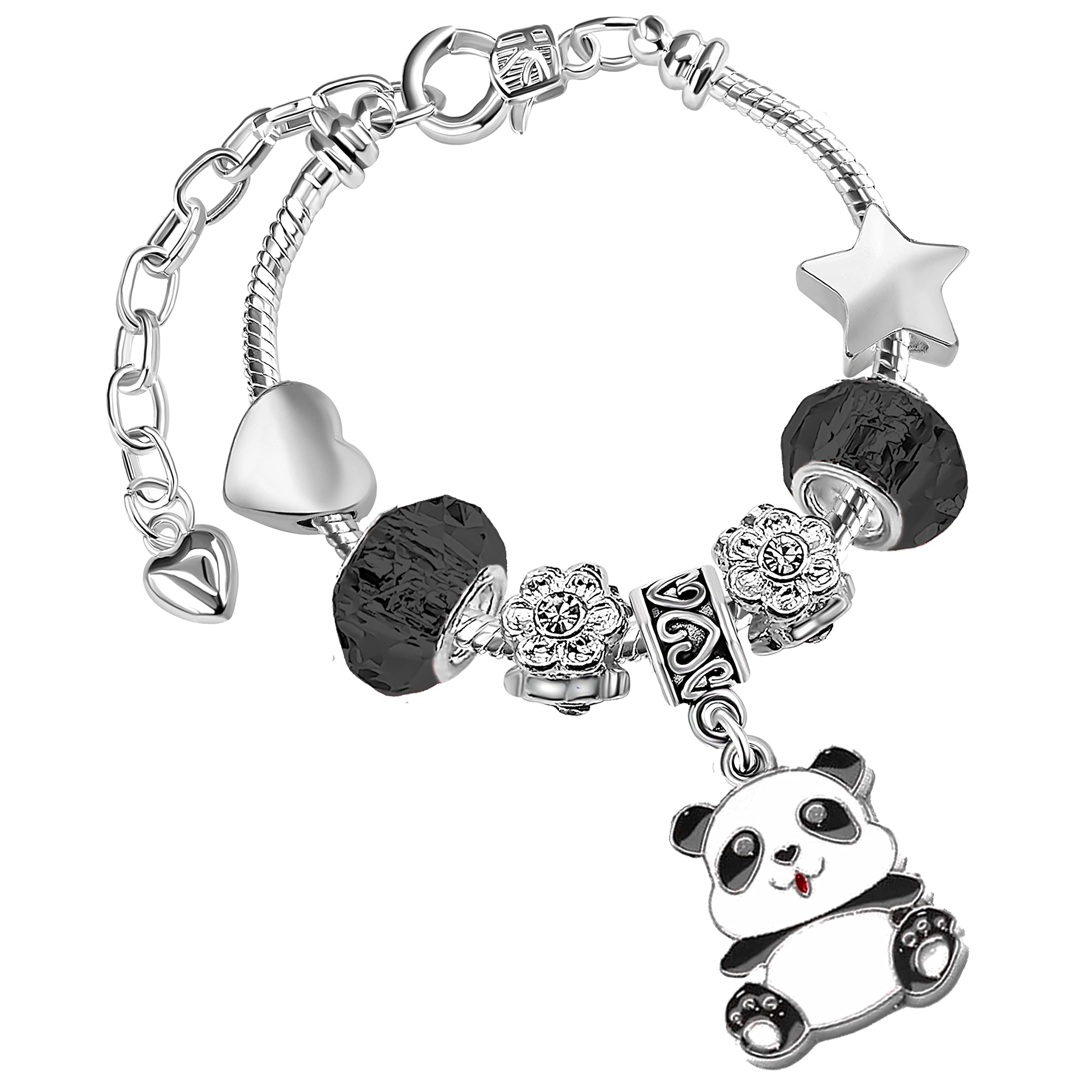 Girls Sparkly Black Crystal and Silver Plated Panda Charm Bracelet with Gift Box Set Birthday Gifts and Birthday Jewellery for Girls