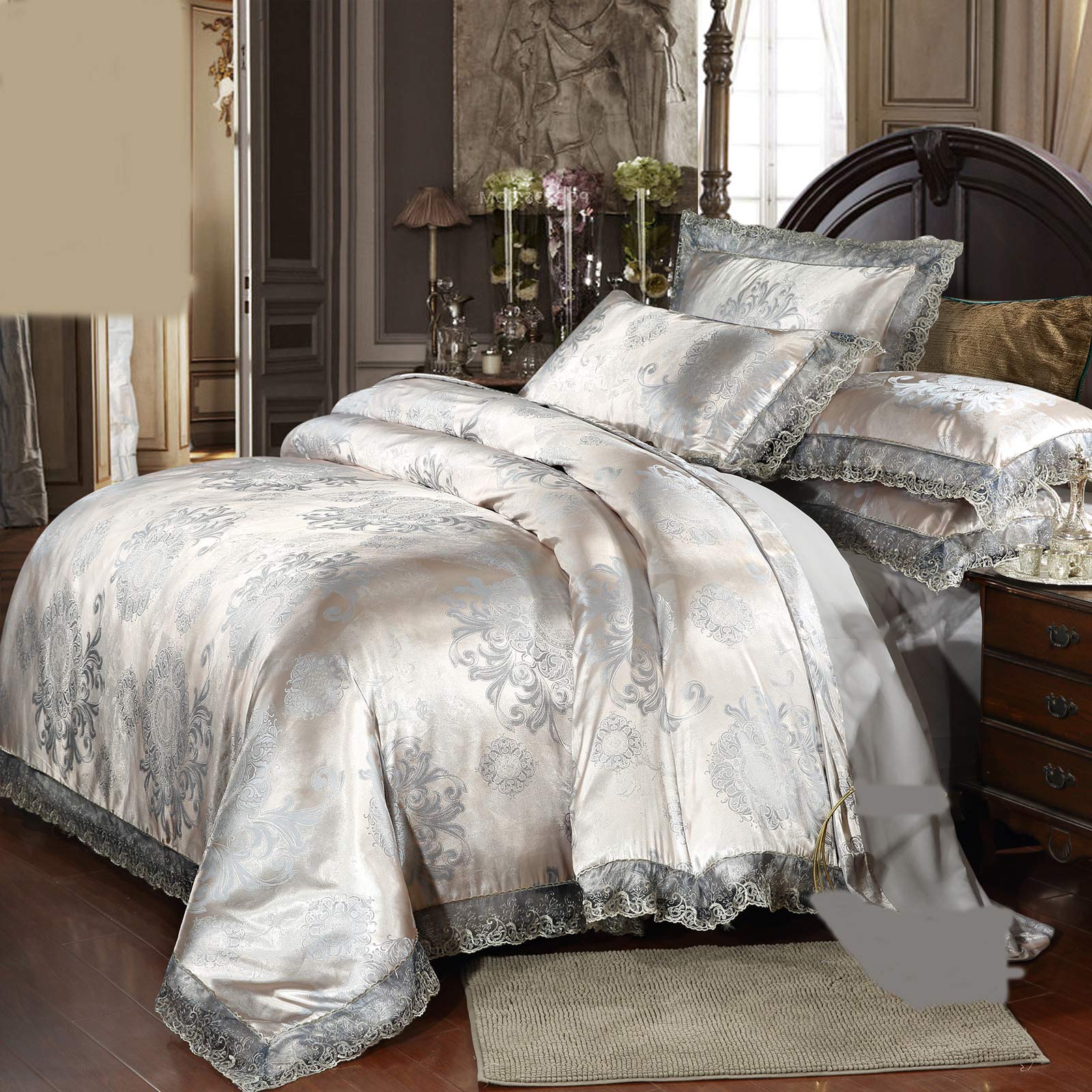 Beyeutao Duvet Cover Double Size Lace Elegant Paisley Bedding Damask Fabric Gray Duvet Pillowcases Set