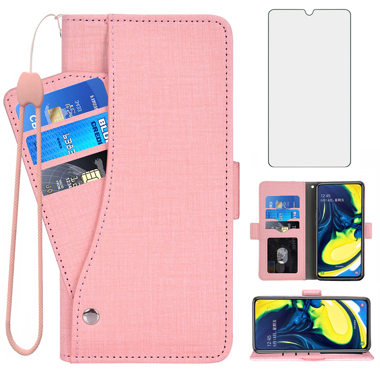Asuwish Compatible with Samsung Galaxy A80 / A90 Wallet Case Tempered Glass Screen Protector and Leather Flip Cover Card Holder Stand Cell Phone Cases for Glaxay A 80 90 Gaxaly 80A 90A Women Men Pink