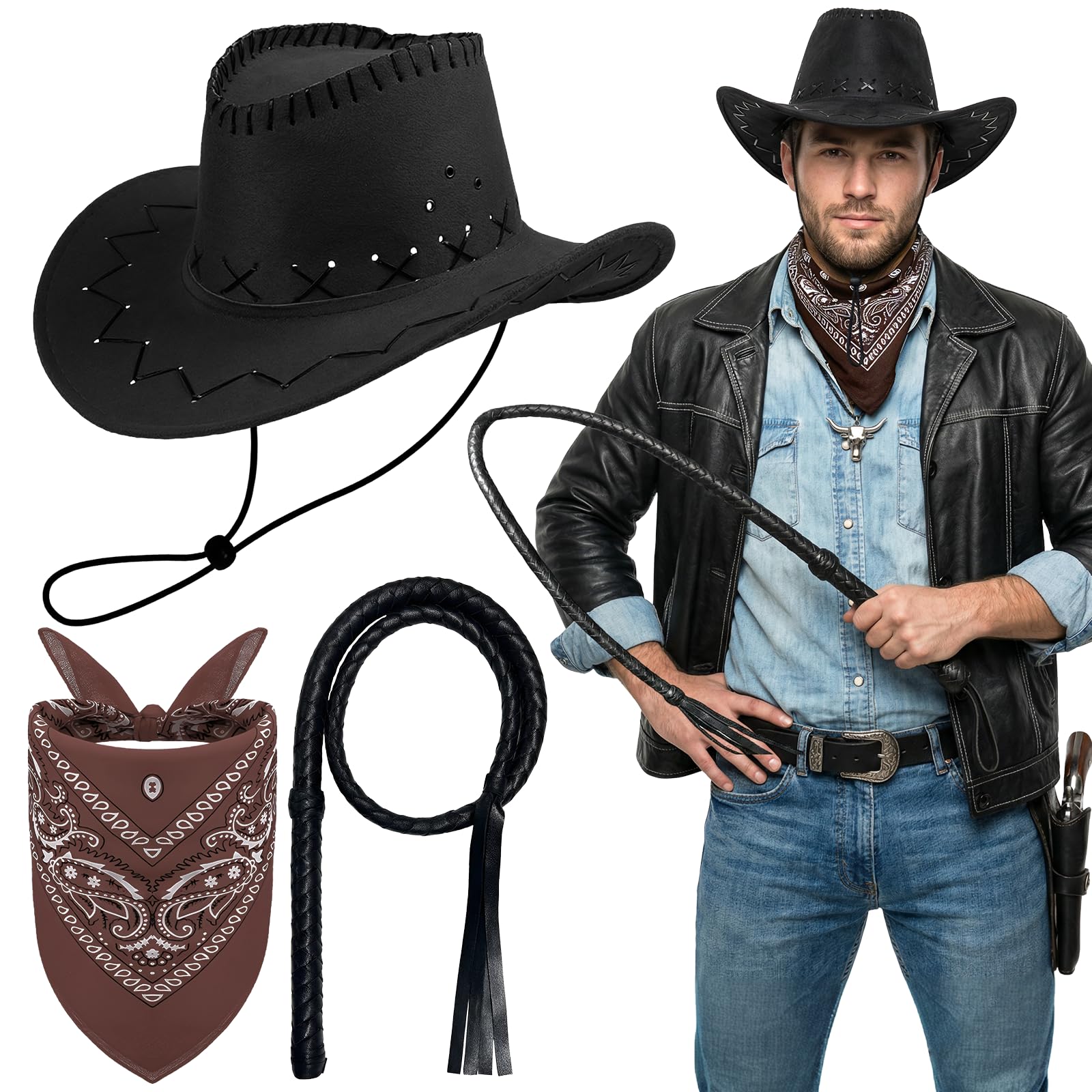 Kyndara 3Pcs Western Cowboy Hat Set, Wilde West Brim Hat with Paisley Bandana Whip Cowboy Fancy Dress for Adult Masquerade Country Music Festivals Theme Party Cosplay — image 1