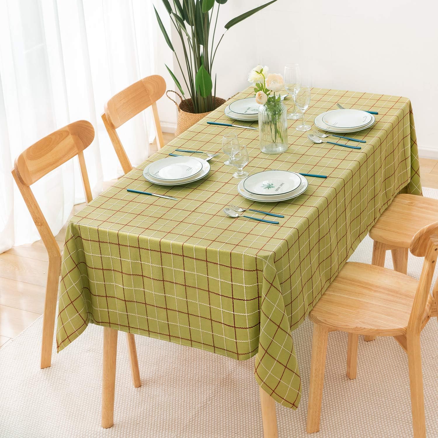 joybest Tablecloths, Rectangle Table Cloth Cotton Linen Wrinkle Free Stitching Lattice Washable Tablecloths Dust-Proof Table Cover for Party Kitchen Dinning (Round, 70 Inch, Red): Kitchen & Dining