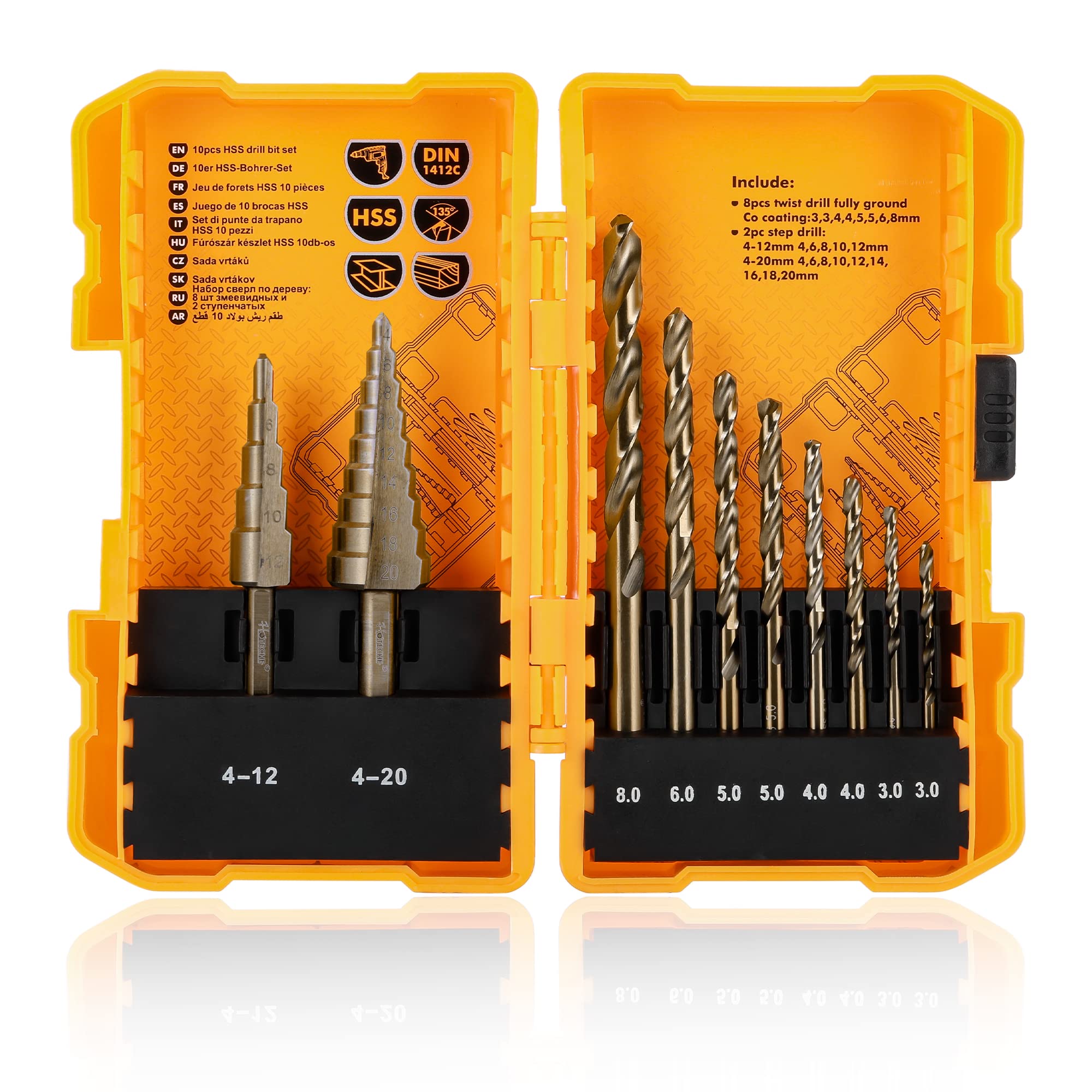 Hoteche 10pc Metal Drill Bit Set with Storage Case, Spiral Drill Bits for Metal, Wood & Plastic