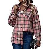 Oyamiki Womens Casual Cuffed Long Sleeve Boyfriend Button Down Plaid Flannel Shirt Tops