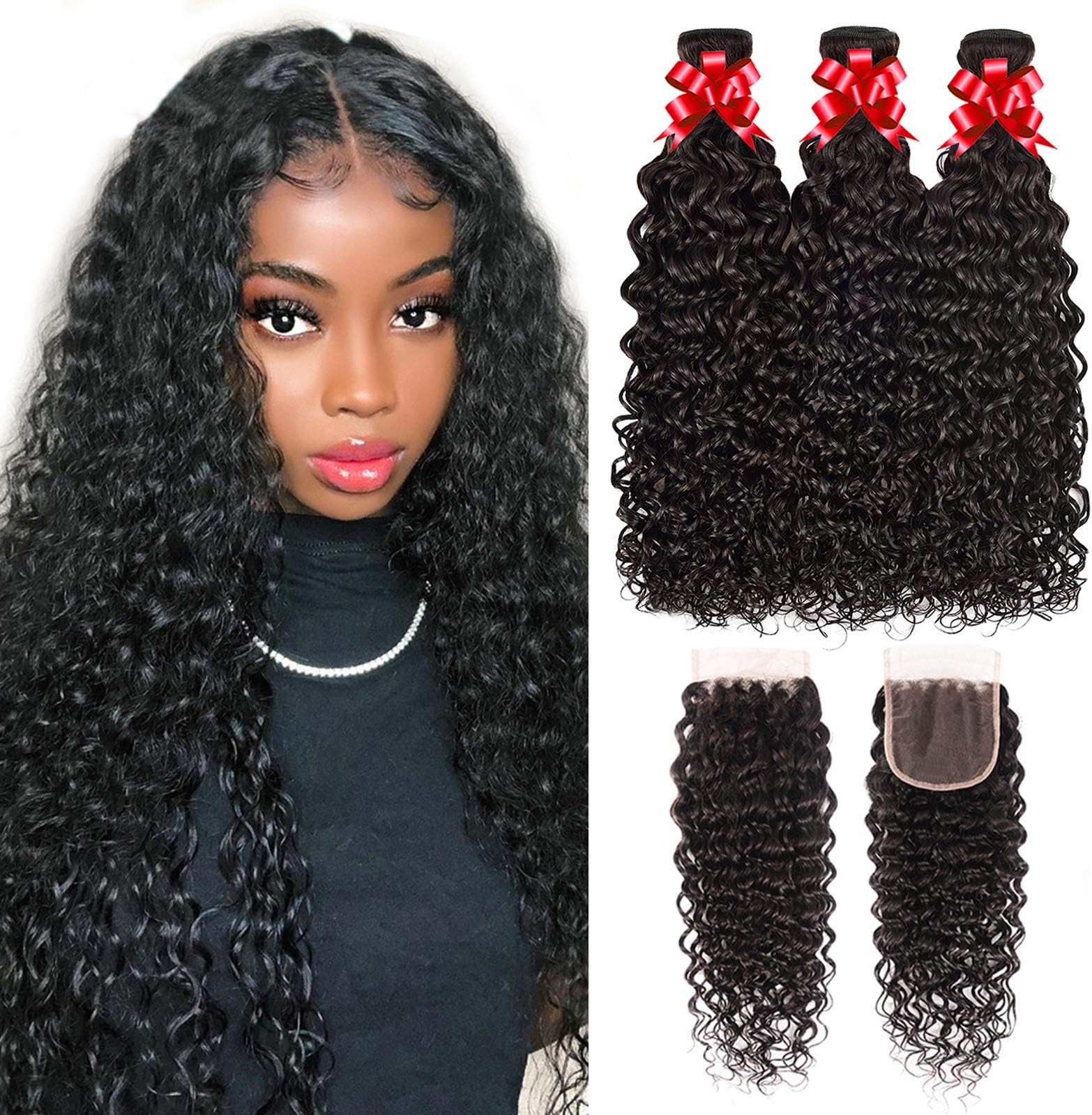 Water Wave Bundles with Closure Brazilian Virgin Hair 100% Unprocessed Weave Bundles Wet and Wavy Human Hair Bundles with 4x4 Lace Closure Human Hair Extension Free Part (20 22 24+18)