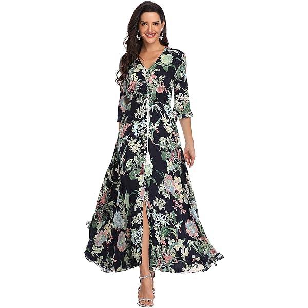 Kissmay Vestido Largo Floral De Manga Corta Para Mujer, Talla Grande, Con Bolsillos, Negro/Blanco