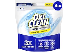 OxiClean Triple Action Versatile Stain Remover Powder, Use with Detergent, Removes Tough Stains like Grease, Blood and Grass, Brightens Colors and Whites, Chlorine Free, 4 lbs