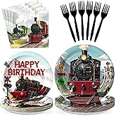 Grencian 96Pcs Train Birthday Party Decorations Vintage Steam Train Paper Plates and Napkins Retro Trains Disposable Tableware Sets for Boys Trains Themed Birthday Party Supplies Serves 24